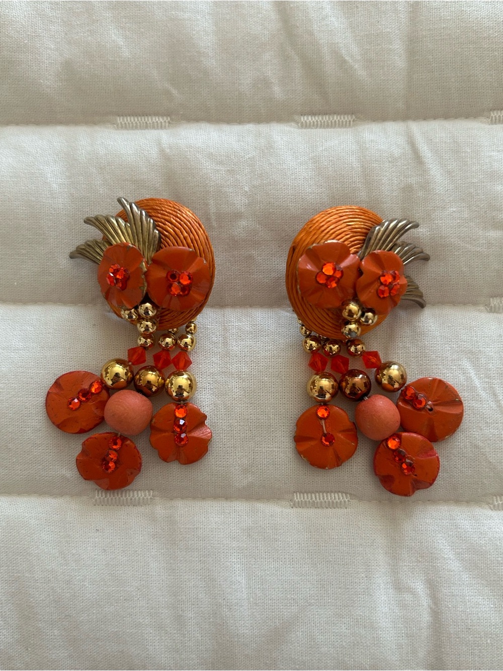 60s/70s Vintage Orange Floral Drop Earrings with Gold Accents